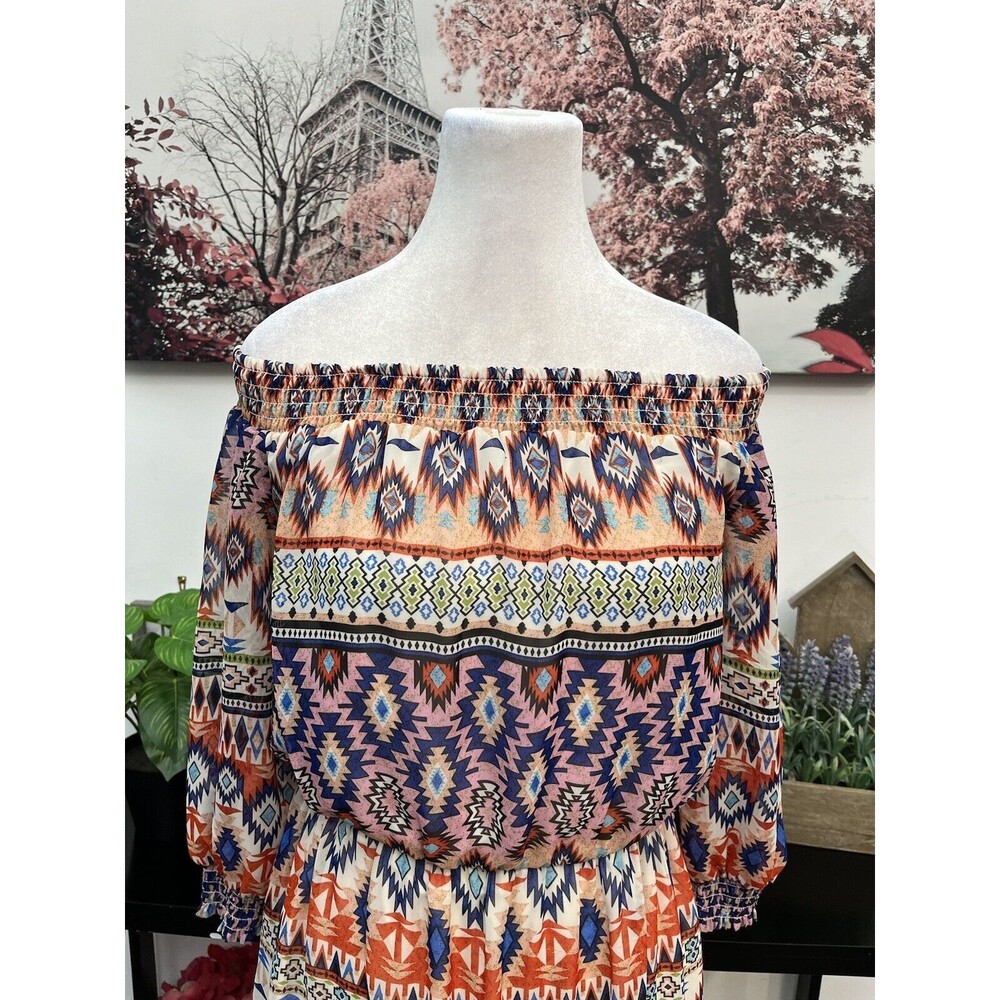 New York & Company Women Blouson Long Dress XS off shoulder  AZTEC PRINT - Picture 3 of 12